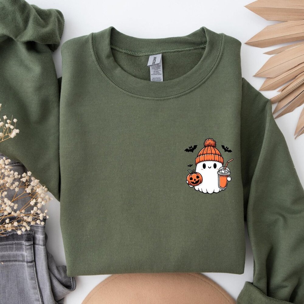 Little Ghost Ice Coffee Sweatshirt, Halloween Ghost Shirt Coffee Sweatshirt